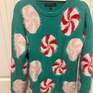 Simply Southern Teal Sweater with Red and White Swirls